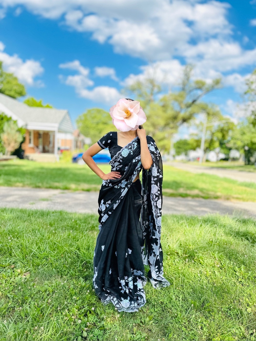 Black Floral Kids Costume Saree - Kid's Fancy Dress